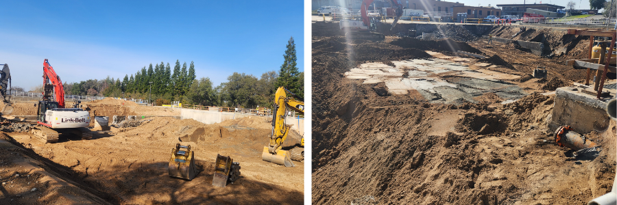 Construction site with excavators and bulldozers working on dirt mounds under a clear blue sky.